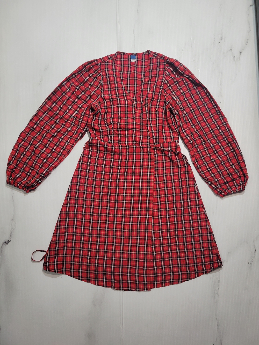 Old Navy NWT Women Size S Red Plaid Long Sleeve Wrap Fit Flare Holiday Dress $50